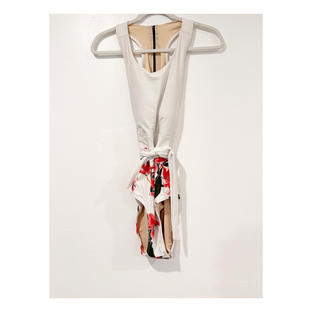 Albion Fit Womens Floral Wrap One Piece Swimsuit White Red Racerback Size M